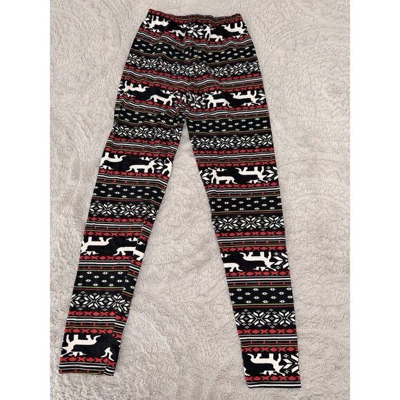 One Size Juniors Christmas Reindeer Fair Isle Leggings Black Red Snowflake - Picture 5 of 5